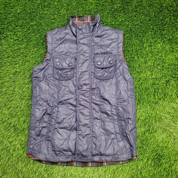 LEVIS Reversible Snap Vest Small 20x27 Blue Plaid Baggy - Picture 1 of 16